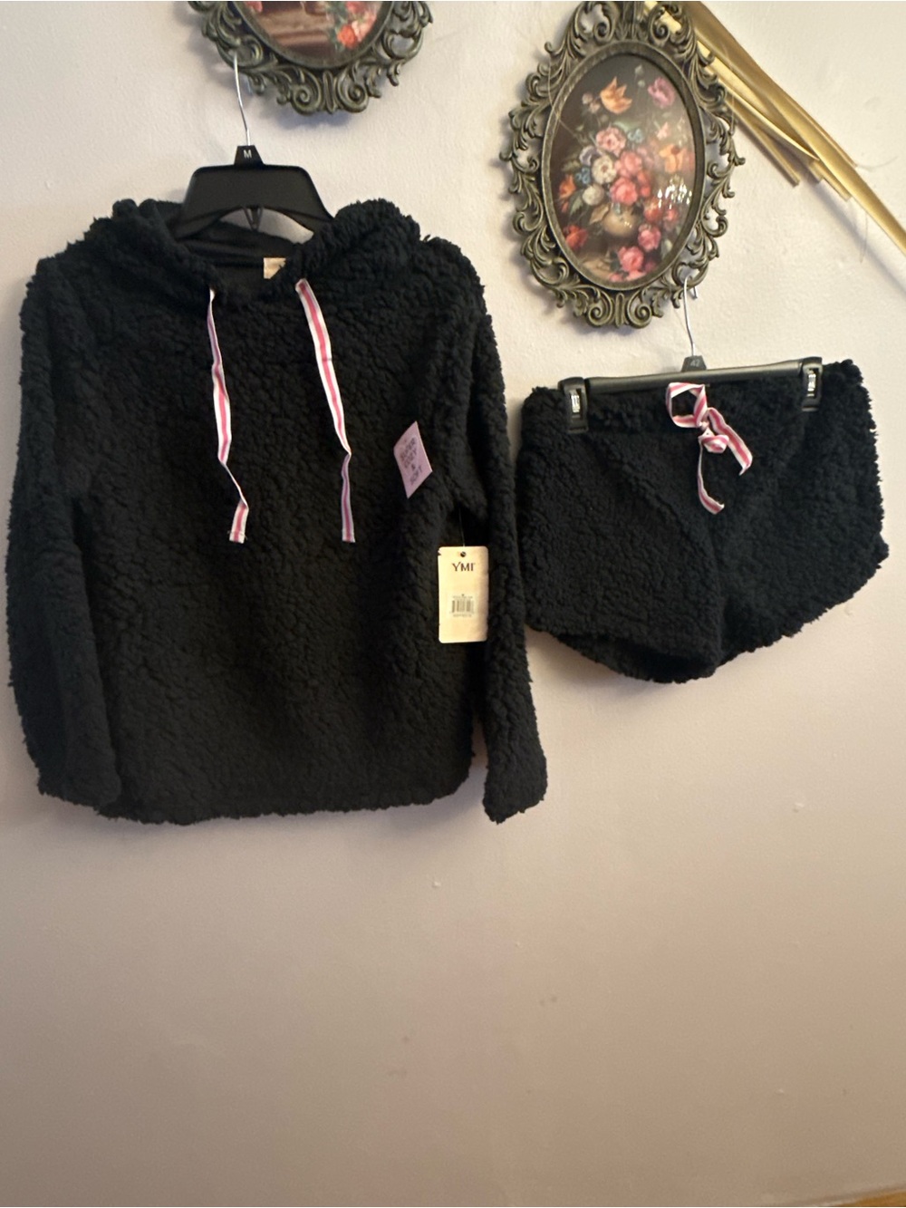 YMI Black Plush Sherpa Hoodie & Shorts Set with Pink-Trim Drawstrings